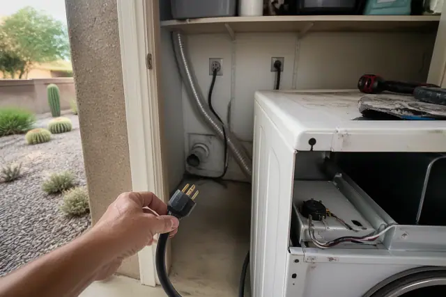 A technician inspects a detached dryer for power and venting issues at a home in Phoenix, AZ.