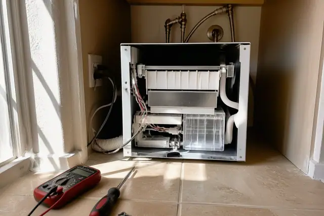 Freezer ice maker repair with tools on the floor in a kitchen in Phoenix, AZ.