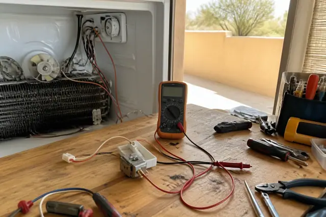Freezer thermostat wiring diagnostic with a digital multimeter on a workbench in Phoenix, AZ.