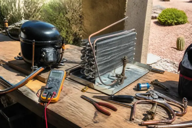 Technician repairing a freezer with a multimeter and copper coils on a workbench in Goodyear, AZ.
