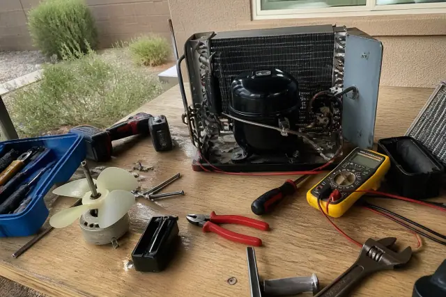 Technician's workbench in Chandler, AZ with disassembled freezer parts, tools, and a multimeter.
