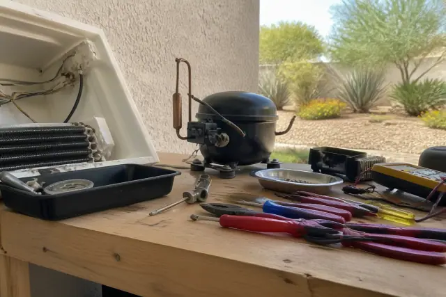 A freezer repair in progress with exposed compressor parts on a workbench in a Glendale, AZ workshop.