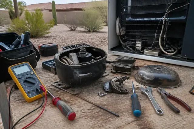 Technician repairing a freezer compressor on a workbench at a workshop in Phoenix, AZ.