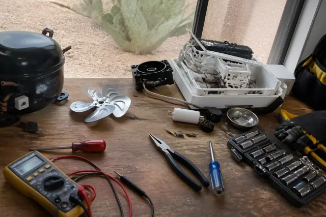 Work-bench with freezer repair tools and disassembled parts at a workshop in Peoria, AZ.