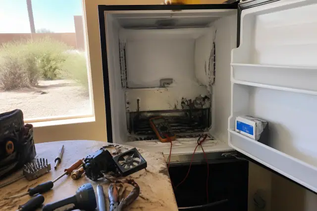 A freezer with an open door, frost buildup, and diagnostic tools being repaired in Paradise Valley, AZ.