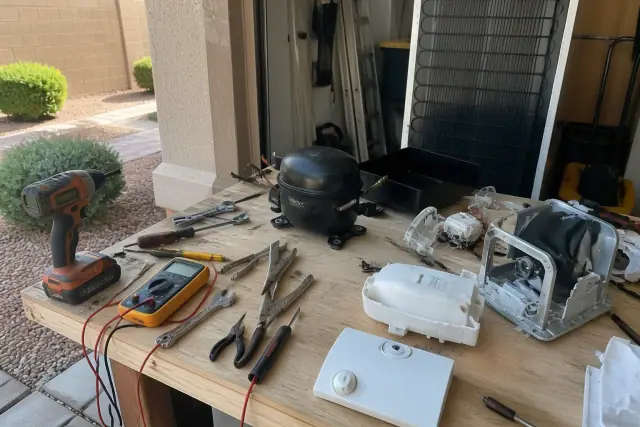 Work-in-progress freezer repair with tools and mechanical parts on a workbench in Gilbert, AZ.