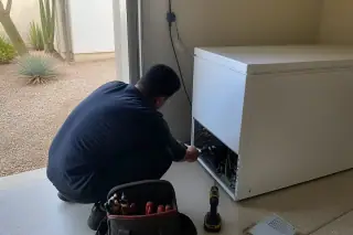 Technician inspecting compressor wiring on a chest freezer in a Phoenix, AZ garage.