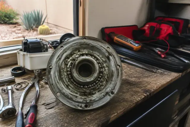 Worn, corroded drum bearing assembly and repair tools on a workbench in Phoenix, AZ.