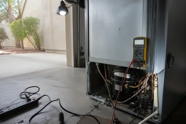 Technician using a multimeter to diagnose a freezer in a garage service bay in Phoenix, AZ.