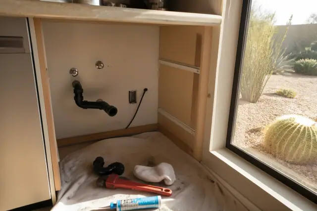 Technician repairing a garbage disposal with tools under a kitchen counter in Scottsdale, AZ.