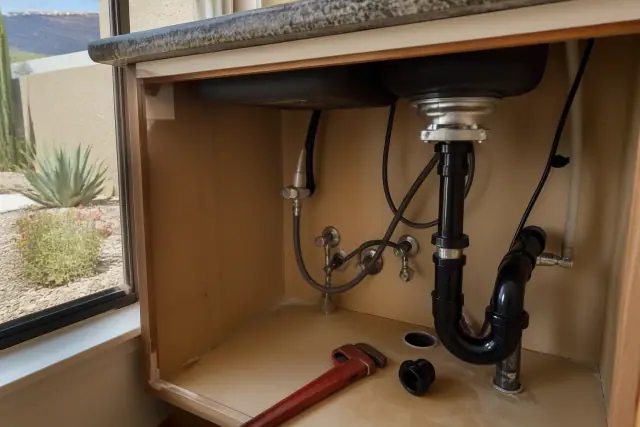 A technician repairing a garbage disposal with a pipe wrench under a kitchen sink in a Peoria, AZ home.