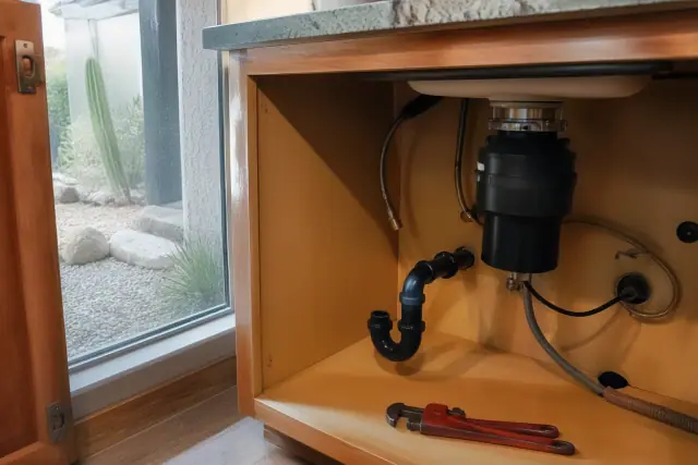 Technician repairing a garbage disposal with a pipe wrench under a kitchen sink in a home in Glendale, AZ.