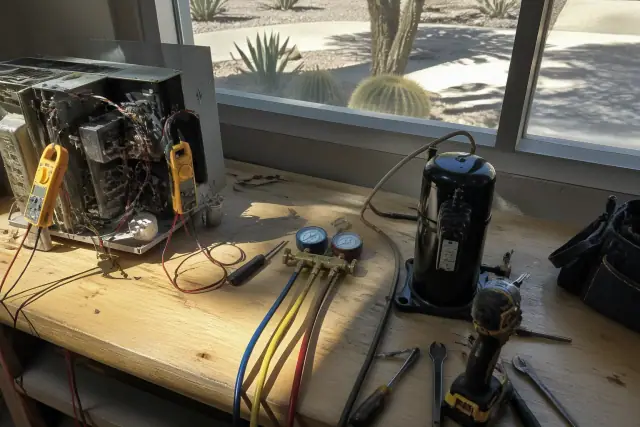 Gas, electrical, and refrigerant diagnostic tools on a wooden workbench at a workshop in Phoenix, AZ.