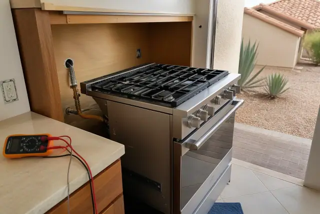 A gas oven being installed in a kitchen cabinet with a multimeter nearby in Phoenix, AZ.