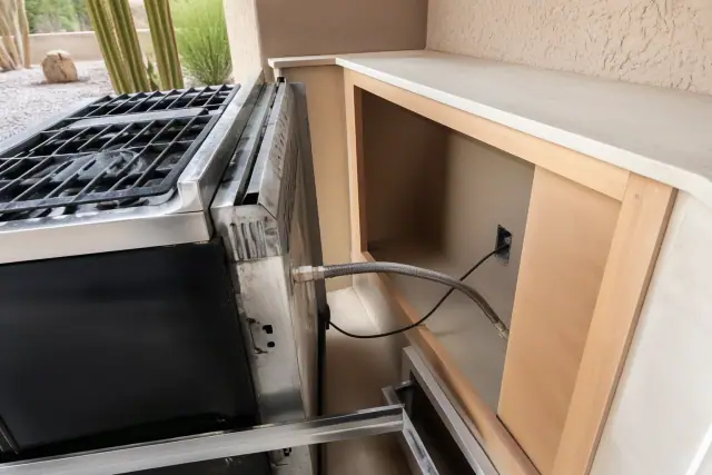 A gas stove pulled out for repair, showing a gas line and electrical cord at a home in Phoenix, AZ.