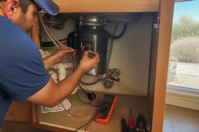 Technician using a multimeter to diagnose a noisy garbage disposal under a kitchen counter in Phoenix, AZ.