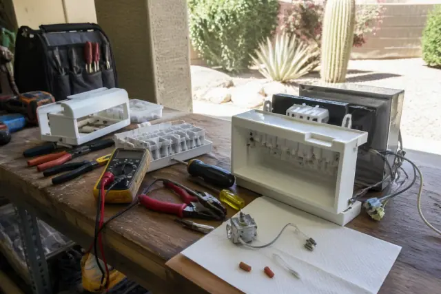 Technician repairing an ice maker and freezer on a workbench in Phoenix, AZ.