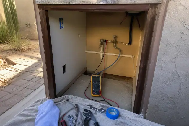 A technician's progress photo of plumbing and electrical diagnostic tools in a Phoenix, AZ kitchen cabinet.