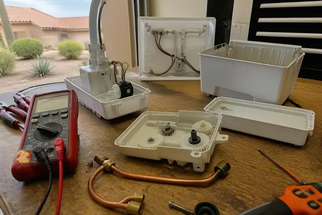 Technician repairing an ice maker on a workbench with tools and mechanical parts in a Peoria, AZ home.