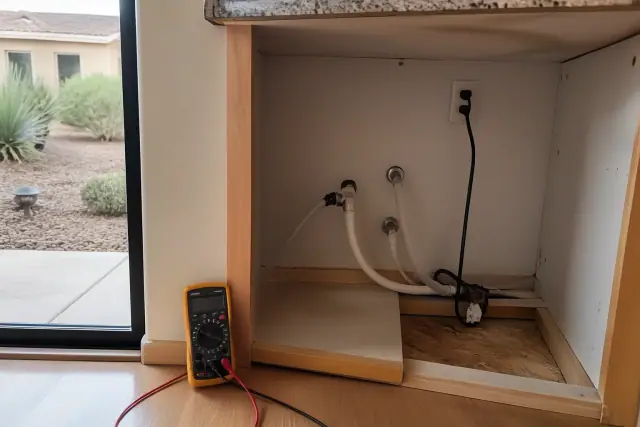 Ice maker repair with exposed plumbing and a multimeter in a kitchen in Gilbert, AZ.