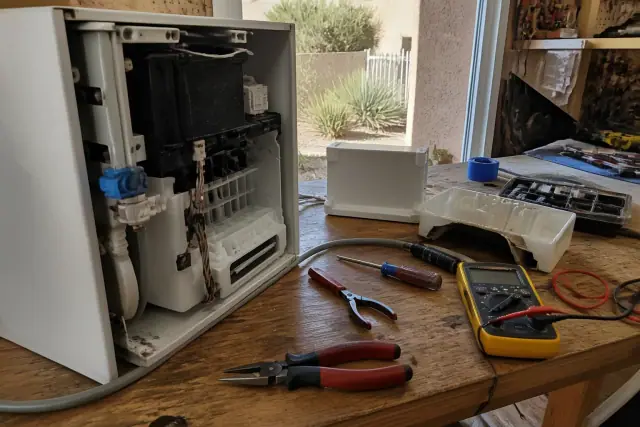 A workbench in Tempe, AZ with disassembled ice maker parts, hand tools, and testing equipment during a repair.