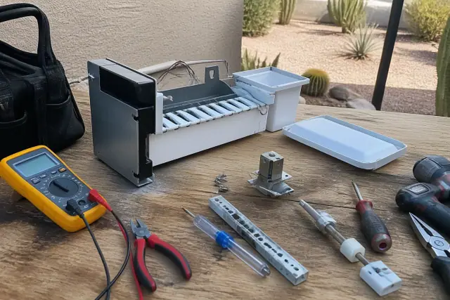 Partially disassembled ice maker on a workbench with diagnostic tools during a repair job in Mesa, AZ.