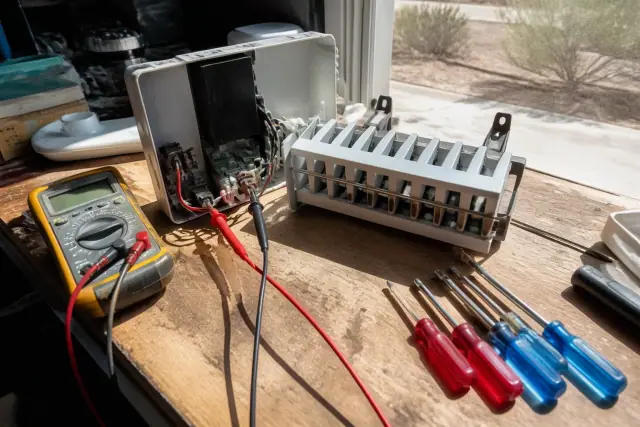 Disassembled ice maker being tested with a multimeter on a workbench in Goodyear, AZ.