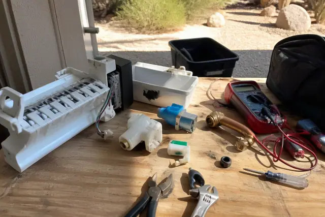Disassembled ice maker parts and tools on a workbench during a repair in Paradise Valley, AZ.