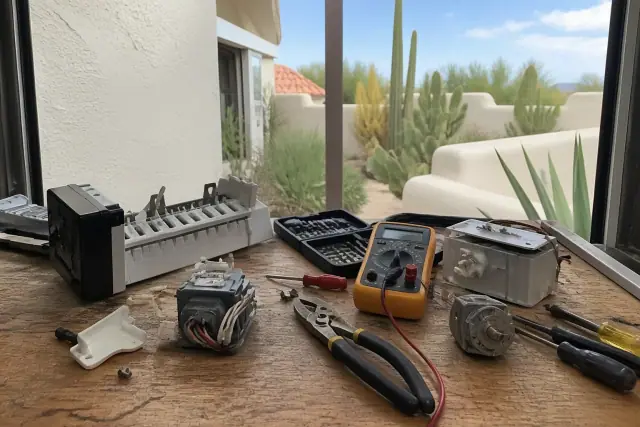 Disassembled ice maker parts and repair tools on a workbench in a Scottsdale, AZ workshop.