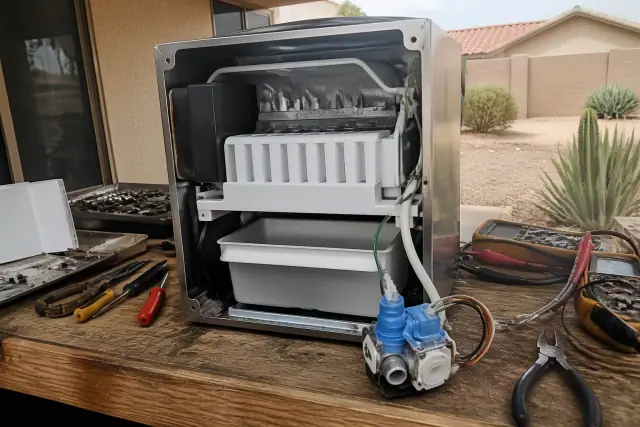 Partially disassembled ice maker cooling unit with exposed internal components in a Chandler, AZ workshop.