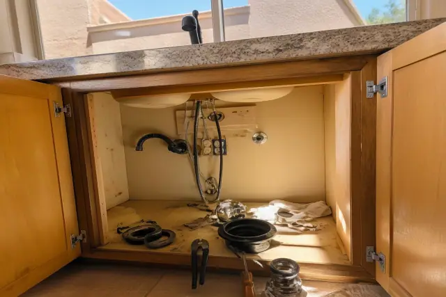 Plumbing tools and garbage disposal parts inside a kitchen cabinet under repair in Phoenix, AZ.