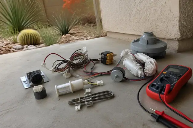 Appliance repair parts and a digital multimeter on a floor in Phoenix, AZ, with desert landscaping in the background.