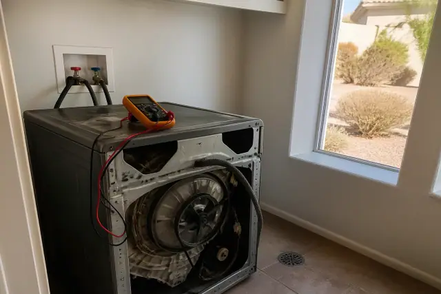 Technician repairing a Maytag washing machine in a Phoenix, AZ utility room with diagnostic tools.