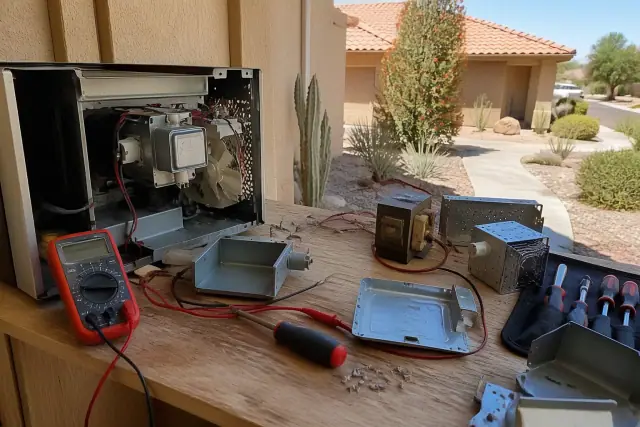 A workbench with disassembled microwave parts, tools, and a multimeter at a repair shop in Chandler, AZ.