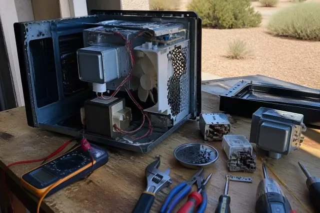 Disassembled microwave parts and repair tools on a workbench during a service call in Goodyear, AZ.