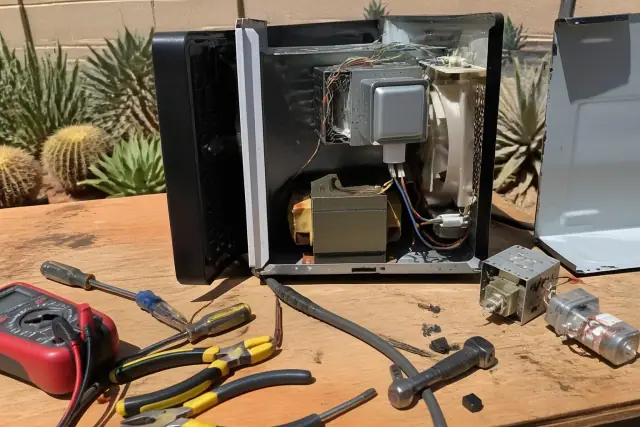 Microwave repair work in progress on a workbench with tools and testing equipment in Phoenix, AZ.