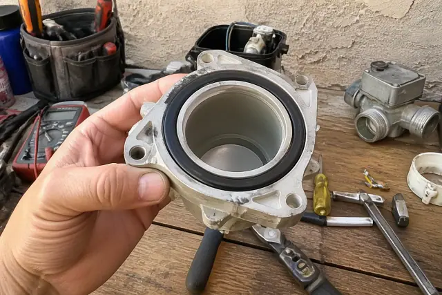 A replaced rubber gasket on a mechanical part at a workshop workbench in Phoenix, AZ.