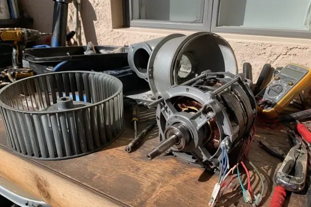 Disassembled dryer motor and blower fan on a workbench in a Phoenix, AZ workshop.