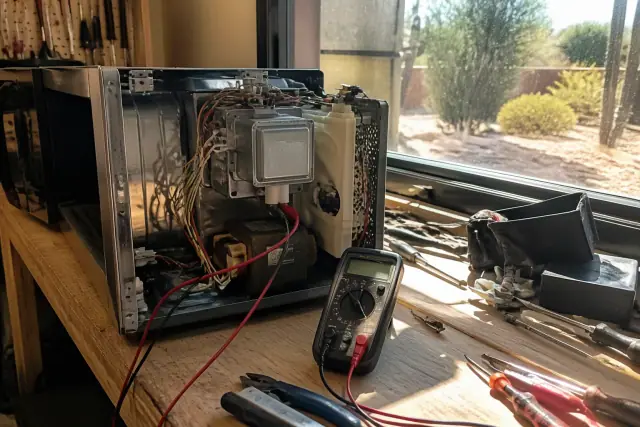 A technician testing the internal components of a disassembled microwave on a workbench in Phoenix, AZ.
