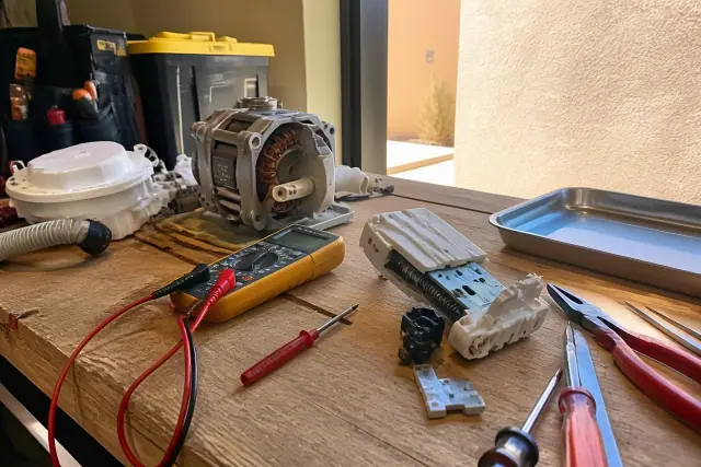 Disassembled dishwasher parts and repair tools on a wooden workbench in Phoenix, AZ.