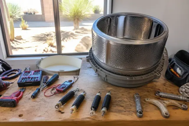 Disassembled washing machine parts and suspension springs on a workbench during a repair in Phoenix, AZ.