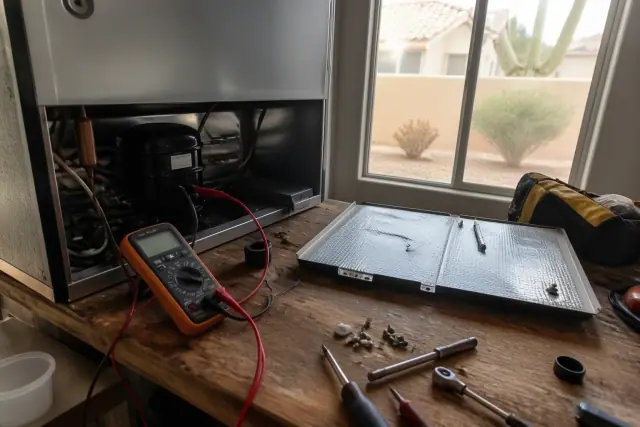 Refrigerator repair workbench with multimeter testing compressor wiring in a home in Phoenix, AZ.