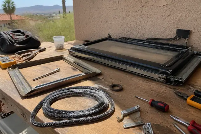 Technician repairing an oven door hinge and seal on a workbench in Phoenix, AZ.