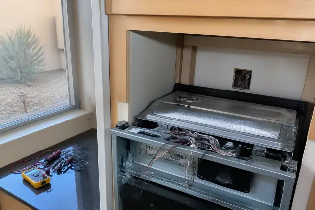 Oven repair in progress with tools and wiring visible in a Glendale, AZ kitchen.