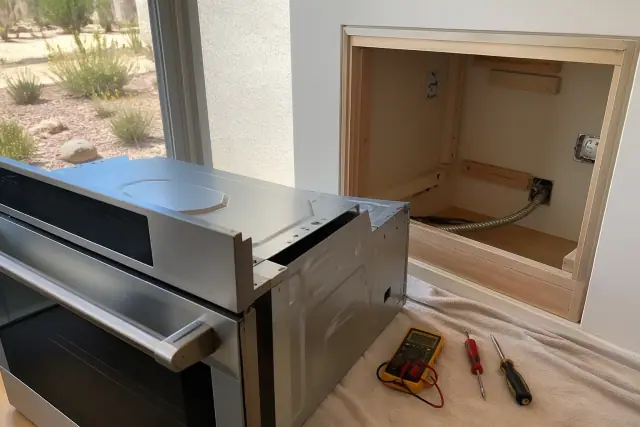 Oven repair in progress with tools on a drop cloth in a kitchen in Gilbert, AZ.