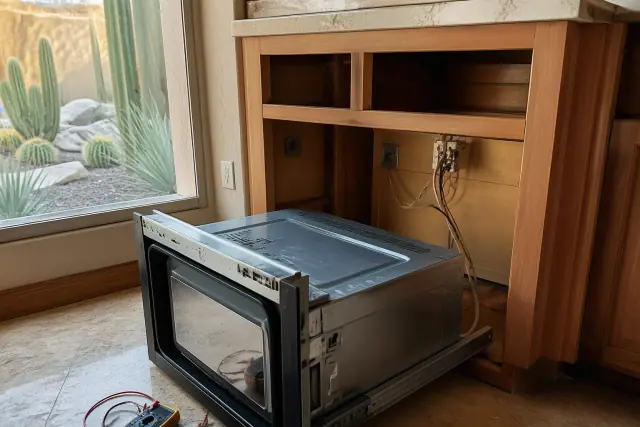 Oven pulled out for repairs with exposed wiring and a multimeter on the floor in a Scottsdale, AZ home.
