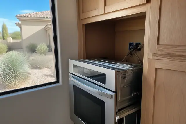 Stainless steel oven being repaired in a kitchen cabinet in Tempe, AZ with desert landscaping visible through the window.