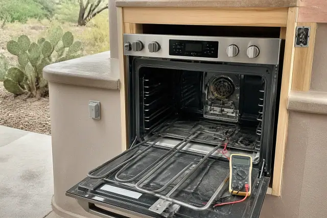 Oven repair in progress with a multimeter and heating element in a kitchen cabinet in Peoria, AZ.