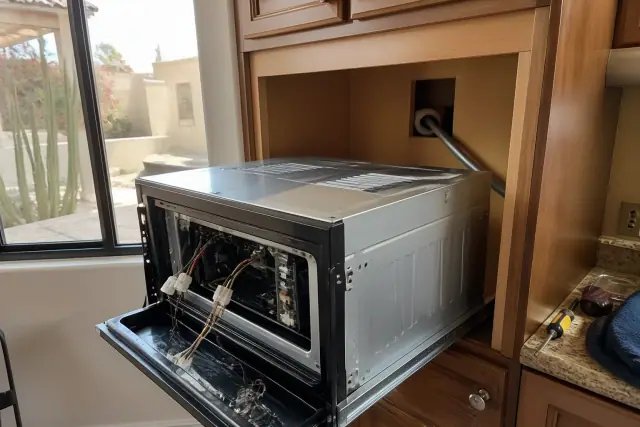 Oven pulled halfway out of a kitchen cabinet for repairs in a Chandler, AZ home with tools visible nearby.