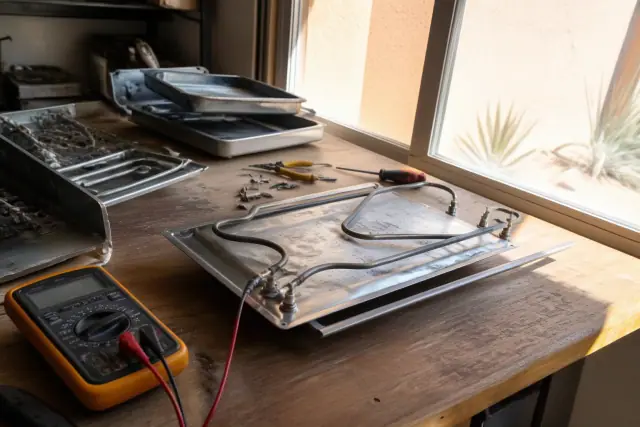Technician using a multimeter to test a stove heating element on a wooden workbench in Phoenix, AZ.